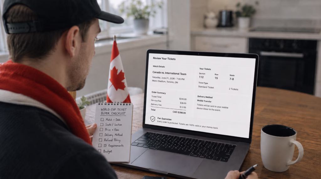 Canadian soccer fan reviewing World Cup ticket details before buying and using a checklist on a notepad