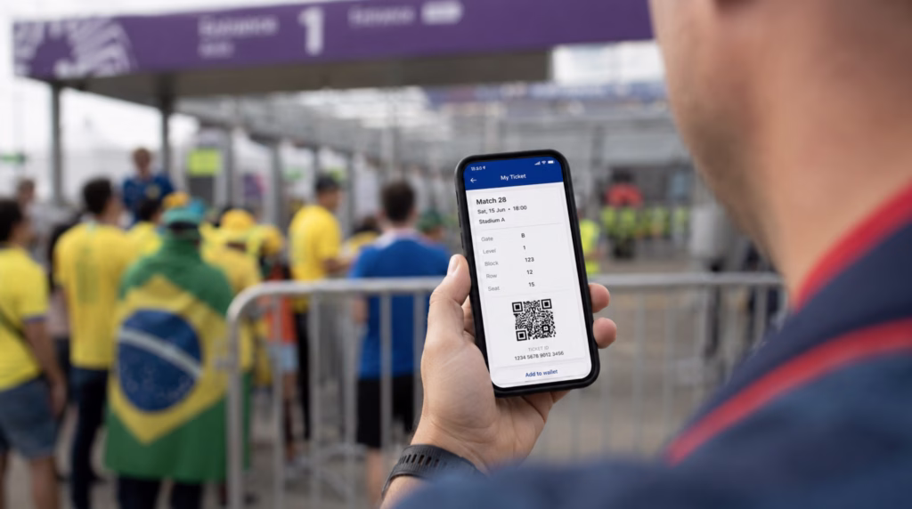 Soccer fan checking mobile ticket details before a match