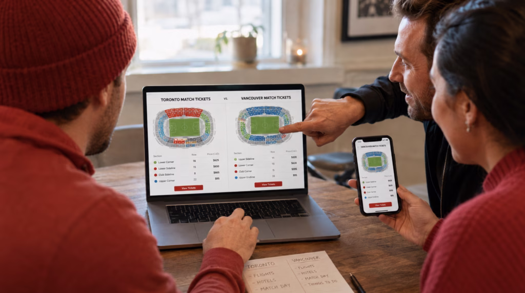 Soccer family at home choosing between Toronto and Vancouver World Cup matches
