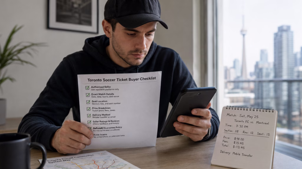 Soccer fan checking Toronto World Cup ticket details before buying