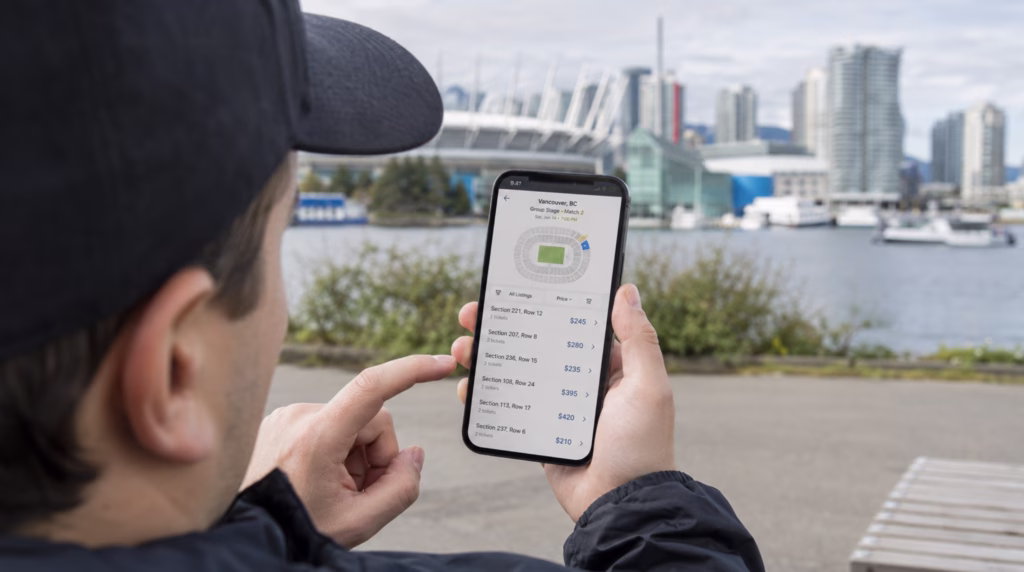 Fan comparing Vancouver World Cup ticket listings on a phone