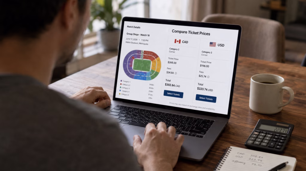 Fan comparing World Cup ticket prices in Canadian and U.S. dollars on his laptop with a calculator